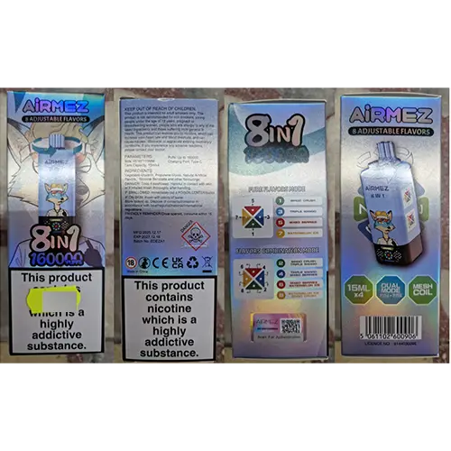 Photo from the official notice: AiRMEZ 8 ADJUSTABLE FLAVORS, 8in1, 160000 puffs disposable electronic cigarette — chemical risk
