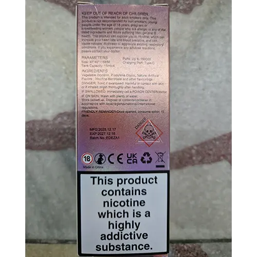 Photo from the official notice: AiRMEZ 8 ADJUSTABLE FLAVORS, 8in1, 160000 puffs disposable electronic cigarette — chemical risk