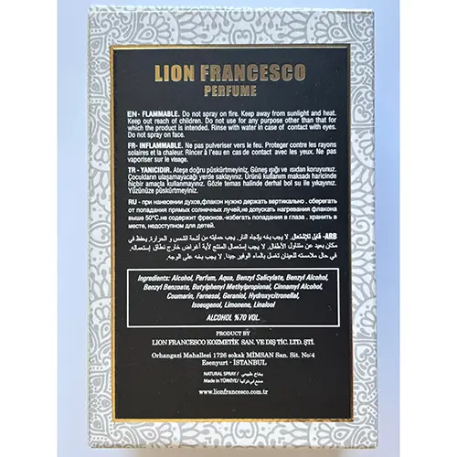 Foto do aviso oficial: Lion Francesco Scent of VAHRAN Perfume — risco: Risco para a saúde / outro