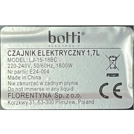 Foto do aviso oficial: botti Czajnik elektryczny Chaleira elétrica — risco: Queimaduras & Choque elétrico