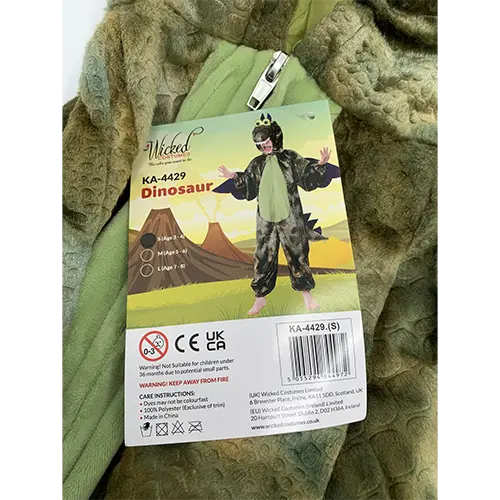 Photo de l’avis officiel: Wicked Costumes Dinosaur Costume de jouet — risque: Risque chimique & Environnement