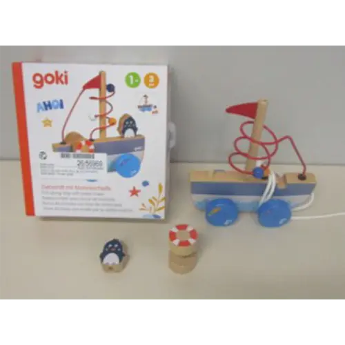 Photo from the official notice: Goki Pull-along ship with bead maze wooden toy — strangulation risk