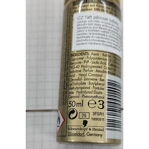 Foto do aviso oficial: Schwarzkopf TAFT MIT FLUSSIGEM ELASTIN PERFECT FLEX SCHAUMFESTIGER Mousse para o cabelo — risco: Químico