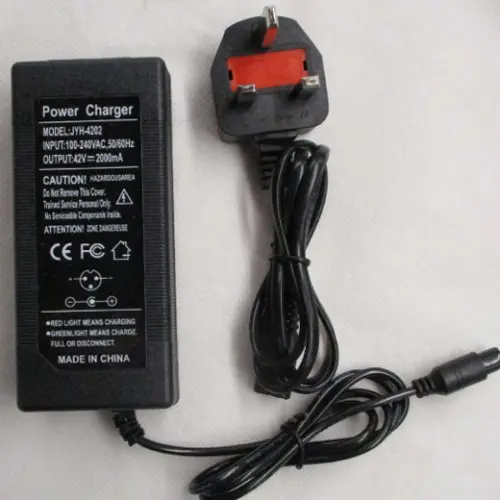 Photo from the official notice: XINZHIZHU 42V 2A charger — electric shock & fire risk