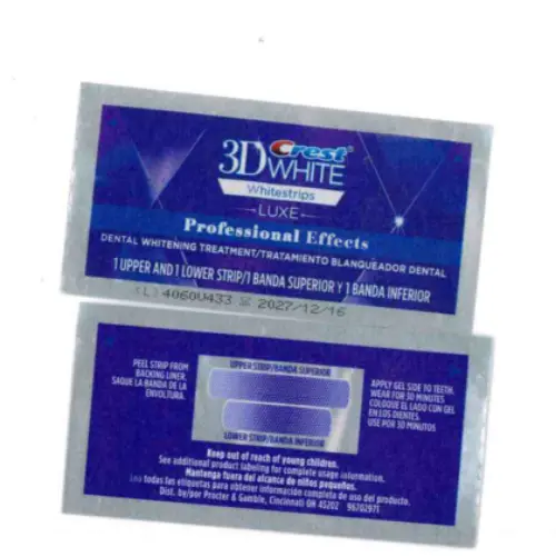 Photo from the official notice: Crest 3D White Whitestrips - Professional Effects - Dental whitening treatment teeth whitening strips — chemical risk