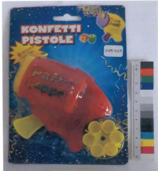 Photo from the official notice: Eddy Toys Konfetti Pistole - Party Popper ('Confetti gun') — damage to hearing risk