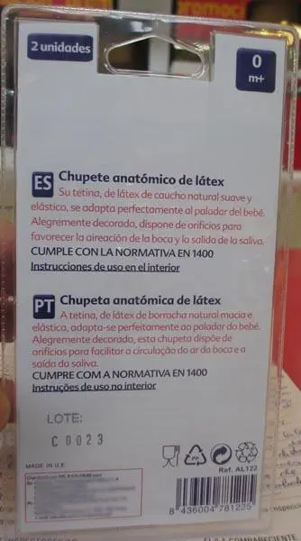 Foto aus der offiziellen Meldung: Baby/Auchan Chupete bebe latex Schnuller — Risiko: Ersticken