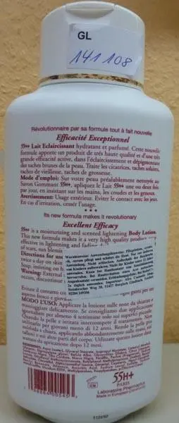 Foto aus der offiziellen Meldung: 55 H+ Paris 55 H+ Efficacité Exceptionnel Body Lotion, Strong Bleaching Treatment Hautaufhellungsprodukt — Risiko: Chemikalie