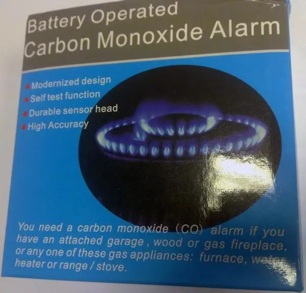 Foto aus der offiziellen Meldung: Battery Operated Carbon Monoxide Alarm Kohlenmonoxiddetektor — Risiko: Atemlähmung