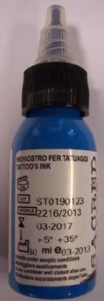 Foto uit de officiële melding: Sacred Color Blue Giotto Tattoo inkt — risico: Chemische risico's