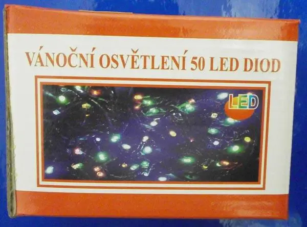 Photo from the official notice: 50LED Multi Colour Chaser Lights / VÁNOCNÍ OSVETLENÍ 50 LED DIOD lighting chain — electric shock risk