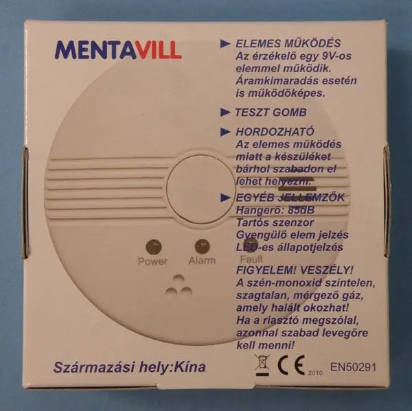 Photo de l’avis officiel: Mentavill Szén-monoxid érzékelő és riasztó készülék (Carbon-monoxide Detector and Alarm) Détecteur de monoxyde — risque: Asphyxie