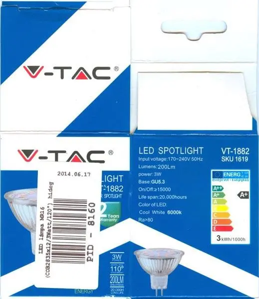 Photo de l’avis officiel: V-TAC LED SPOTLIGHT/LED lámpa MR16 Projecteur LED — risque: Choc électrique