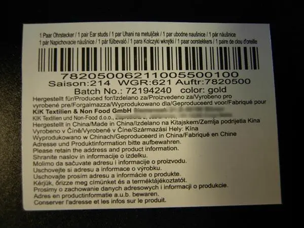Foto dell’avviso ufficiale: KiK Textilien &amp; Non Food Orecchini — rischio: Rischio chimico