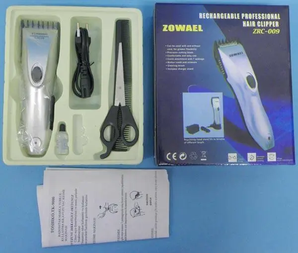 Photo from the official notice: TOSHIKO (on the product), ZOWAEL (on the packaging Professional Clipper (on the product), Rechargeable Profess — electric shock & fire risk