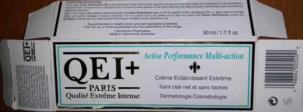Photo from the official notice: Laboratoire Pharmaplus QEI+ Paris - Qualité Extrême Intense - Active Performance Multi-action skin lightening  — chemical risk