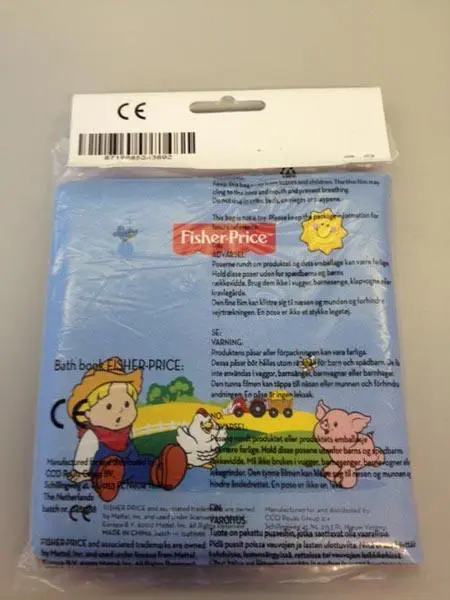 Photo from the official notice: Fisher Price (COUNTERFEIT/UNAUTHORISED) Bath Book Little People plastic bath book — choking risk