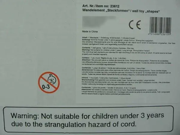Photo from the official notice: Beleduc Wandelement "Steckformen" (Wall toy "shapes") — strangulation risk