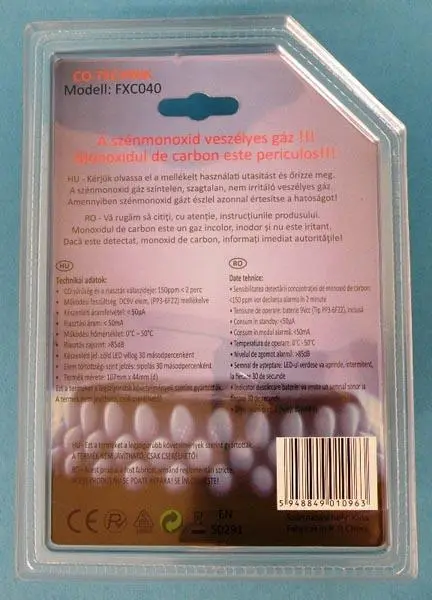 Foto uit de officiële melding: Co-technik Szénmonoxid érzékelő (Detector monoxid de carbon) Koolmonoxidedetector — risico: Verstikking
