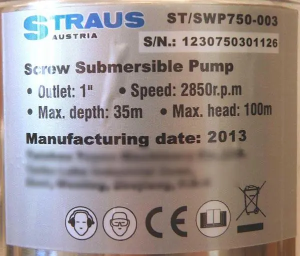 Foto uit de officiële melding: Straus Austria Screw Submersible Pump/ Mélykútszivattyú Dompelpomp — risico: Elektrische schok