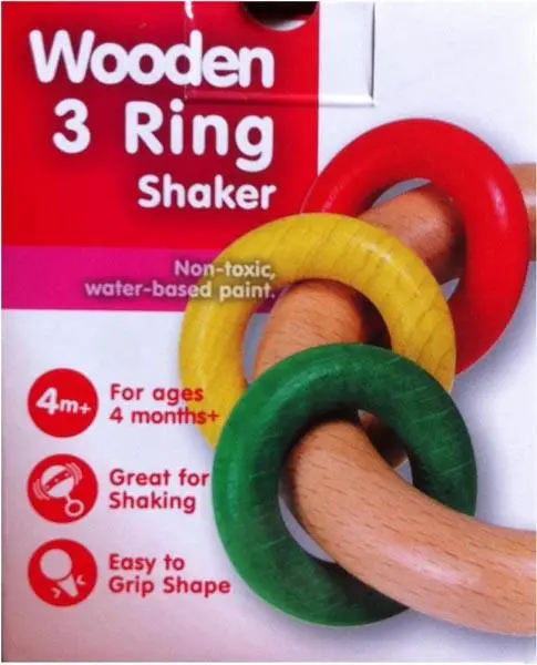 Foto aus der offiziellen Meldung: GOGO Toys Wooden 3 Ring Shaker Hölzerne Rassel — Risiko: Ersticken