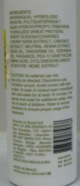Photo from the official notice: encanto do Brasil Brazilian Keratin - Straightening Treatment and Post-Treatment Conditioner hair straightener — chemical risk