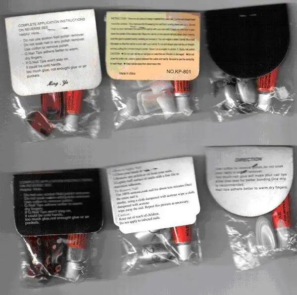 Foto uit de officiële melding: 1. Ming Yu, 2. Unknown, 3. Unknown, 4. K-nail, 5. Unknown, 6. Unknown 1. Art Nails, 2. Art Nails, 3. Unique Mo — risico: Chemische risico's