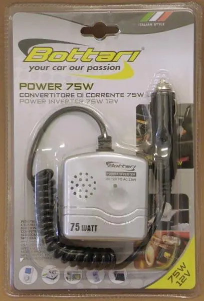 Foto aus der offiziellen Meldung: Bottari 1. Power 75W 2. Extension Power 75W Wechselrichter — Risiko: Elektrischer Schlag