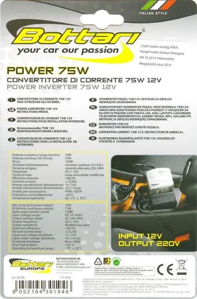 Foto aus der offiziellen Meldung: Bottari 1. Power 75W 2. Extension Power 75W Wechselrichter — Risiko: Elektrischer Schlag
