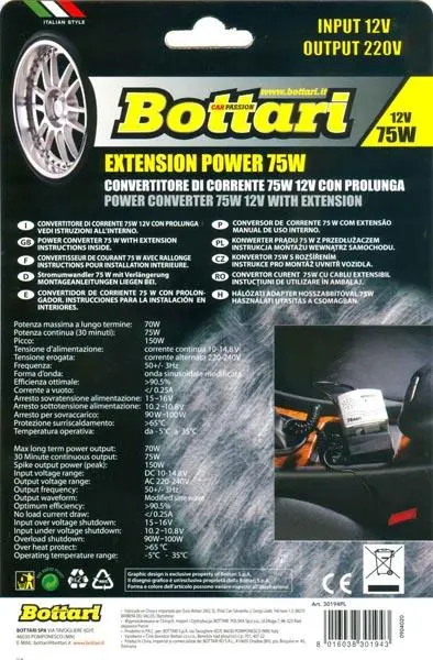 Foto aus der offiziellen Meldung: Bottari 1. Power 75W 2. Extension Power 75W Wechselrichter — Risiko: Elektrischer Schlag