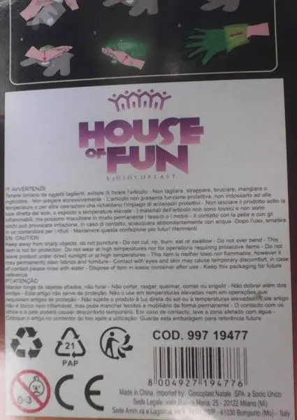 Foto del aviso oficial: House of Fun Halloween Glow Glove Accesorios de vestuario de lujo — riesgo: Riesgos químicos