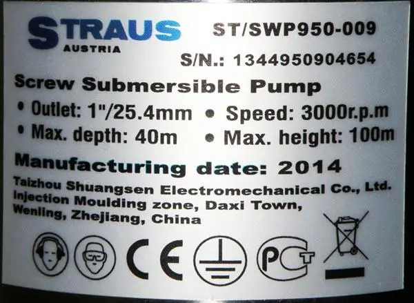 Foto uit de officiële melding: Straus Austria Screw Submersible Pump / Merülőszivattyú Dompelpomp — risico: Elektrische schok