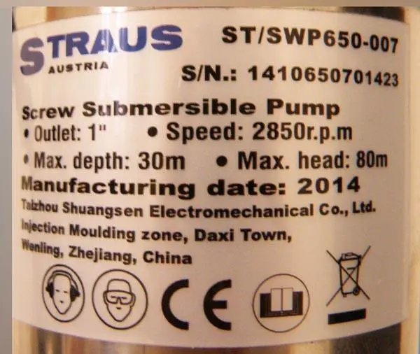 Foto uit de officiële melding: Straus Austria Screw Submersible Pump / Merülőszivattyú Dompelpomp — risico: Elektrische schok