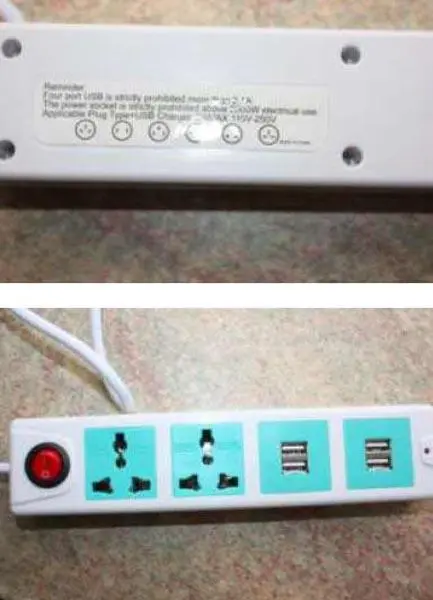 Foto aus der offiziellen Meldung: Super Home Power Home Power Socket + USB Charger Verlängerungskabel — Risiko: Elektrischer Schlag & Feuer