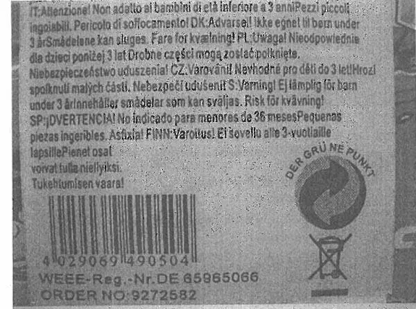 Photo from the official notice: FIRE RESCUE toy fire engine — environment risk
