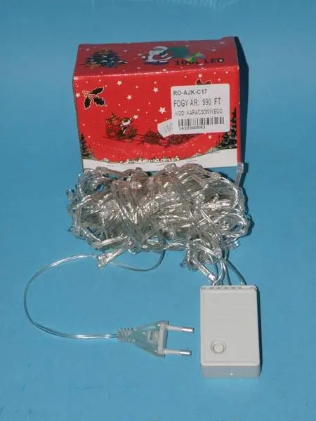 Photo from the official notice: 100L LED (on the packaging) / KARACSONYI EGO (on a label) lighting chain — electric shock & fire risk