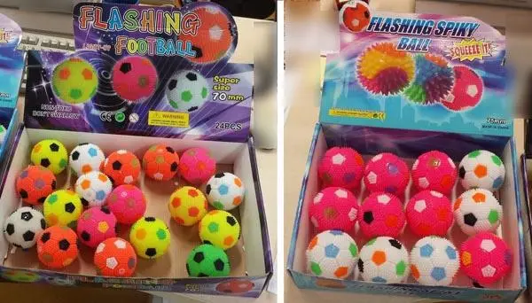Foto do aviso oficial: YF FLASHING SPIKY BALL and FLASHING FOOTBALL Bola de plástico com picos — risco: Engasgamento