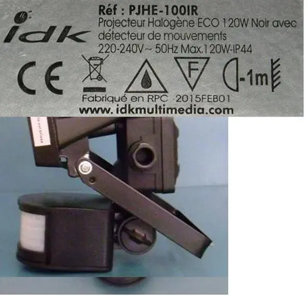 Foto aus der offiziellen Meldung: IDK MULTIMEDIA Projecteur Halogène ECO 120W Halogen Scheinwerfer — Risiko: Elektrischer Schlag