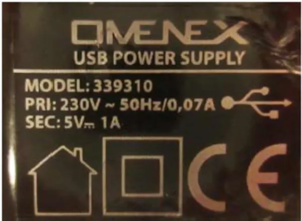 Foto aus der offiziellen Meldung: OMENEX Universel Mini Chargeur Secteur USB / USB Power Supply USB-Netzteil — Risiko: Elektrischer Schlag