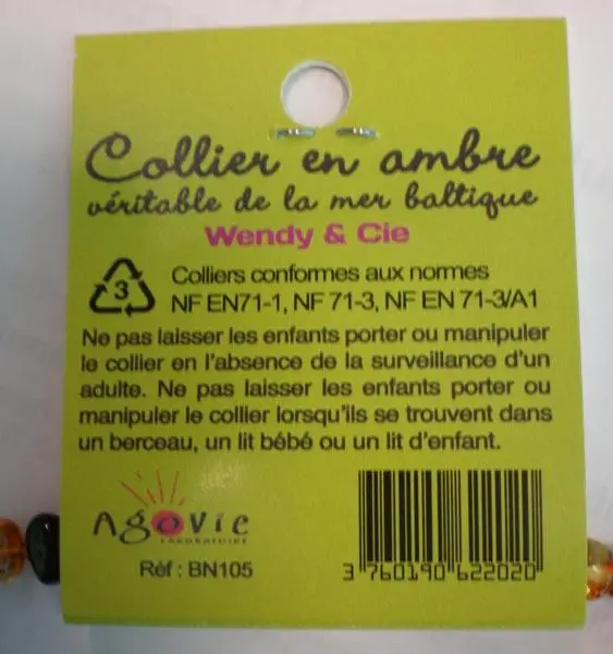 Photo de l’avis officiel: Agovie Wendy &amp; Cie Collier d’ambre — risque: Étouffement