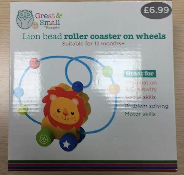 Foto do aviso oficial: Great &amp; Small - Barnardo's Lion bead roller coaster on wheels Brinquedo de madeira — risco: Engasgamento