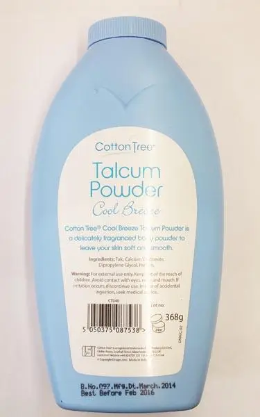 Photo de l’avis officiel: Cotton Tree 1) Talcum Powder Scented Rose; 2) Talcum Powder Cool Breeze Poudre de talc — risque: Risque microbiologique
