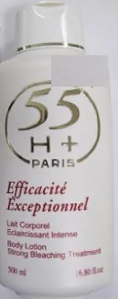 Photo from the official notice: 55 H+ Paris Efficacité Exceptionnel - Lait corporel Eclaircissant Intense skin-lightening product — chemical risk