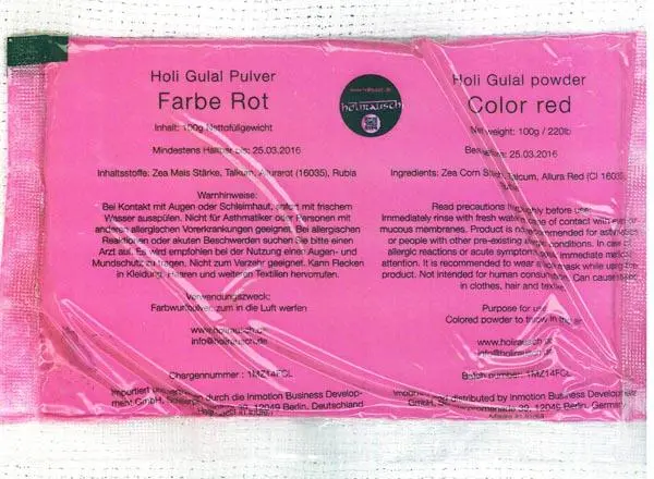 Foto uit de officiële melding: HOLIRAUSCH Holi Gulal Pulver ('Holi Gulal powder') Holi kleurpoeder — risico: Gezondheidsrisico/overige & Microbiologische risico's (A11/0060/16)