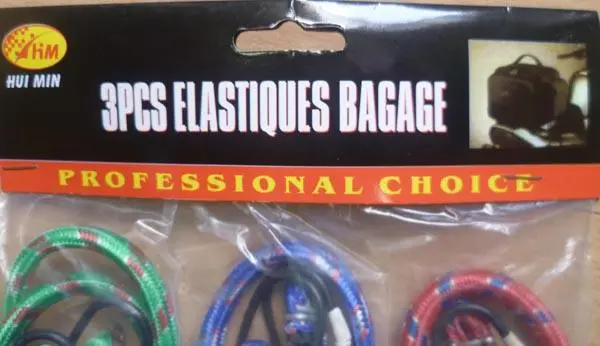 Photo from the official notice: Hui Min 3PCS ELASTIQUES BAGAGE ('3 pieces elasticated luggage straps') elastic  luggage straps — injuries risk