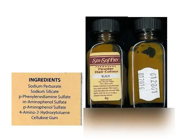 Foto uit de officiële melding: Sta-sof-fro Permanent Powder Hair Colour Haarkleuring product — risico: Chemische risico's