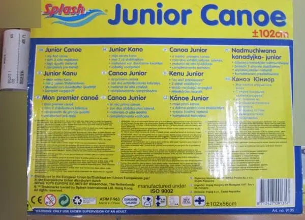 Photo de l’avis officiel: SPLASH Junior Canoe Canoë gonflable — risque: Risque chimique