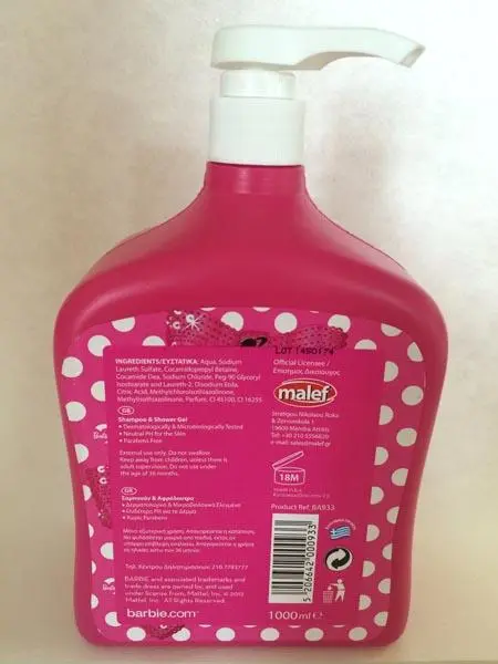 Foto uit de officiële melding: Malef Barbie Shampoo &amp; Bath gel Shampoo &amp; Badgel — risico: Microbiologische risico's