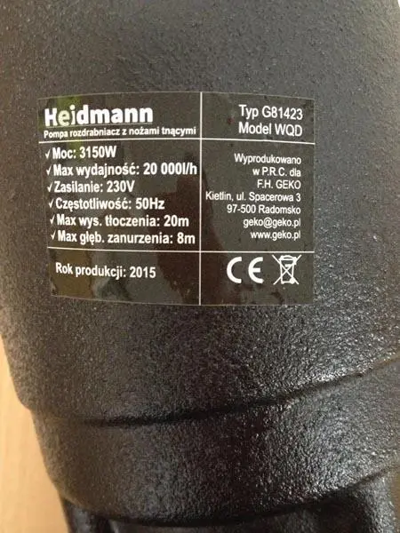 Foto do aviso oficial: Heidmann Pompa rozdrabniacz / Tauchmotorpumpe Bomba submersível — risco: Choque elétrico
