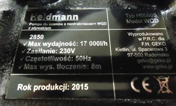 Foto uit de officiële melding: Heidmann Pompa do SzambaTauchmotorpumpe Dompelpomp — risico: Elektrische schok